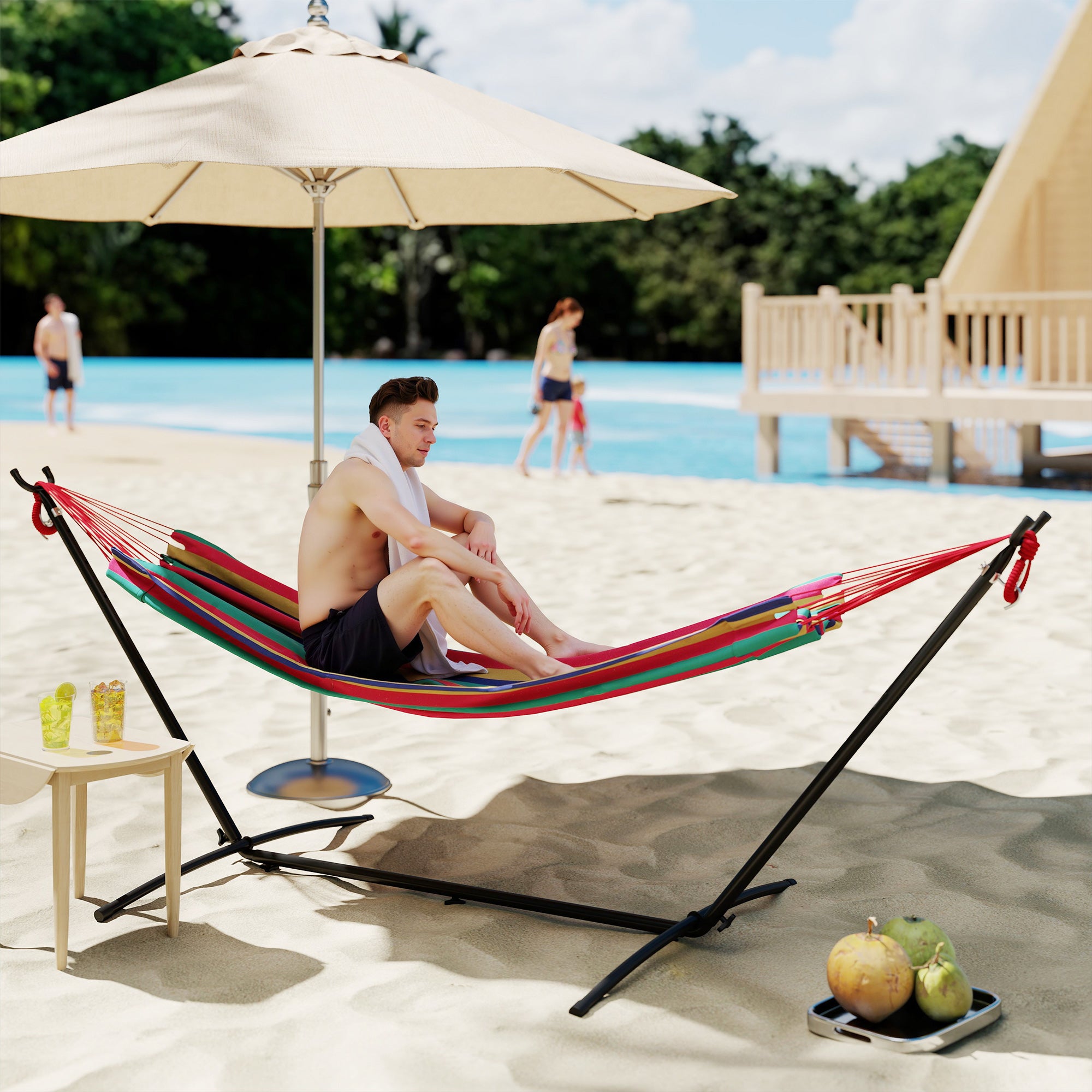 Hammock with Stand 310x117 cm Camping Hammock with Portable Carrying Bag Adjustable Height 120 kg Load for Patio Terrace Orange and Red Stripes