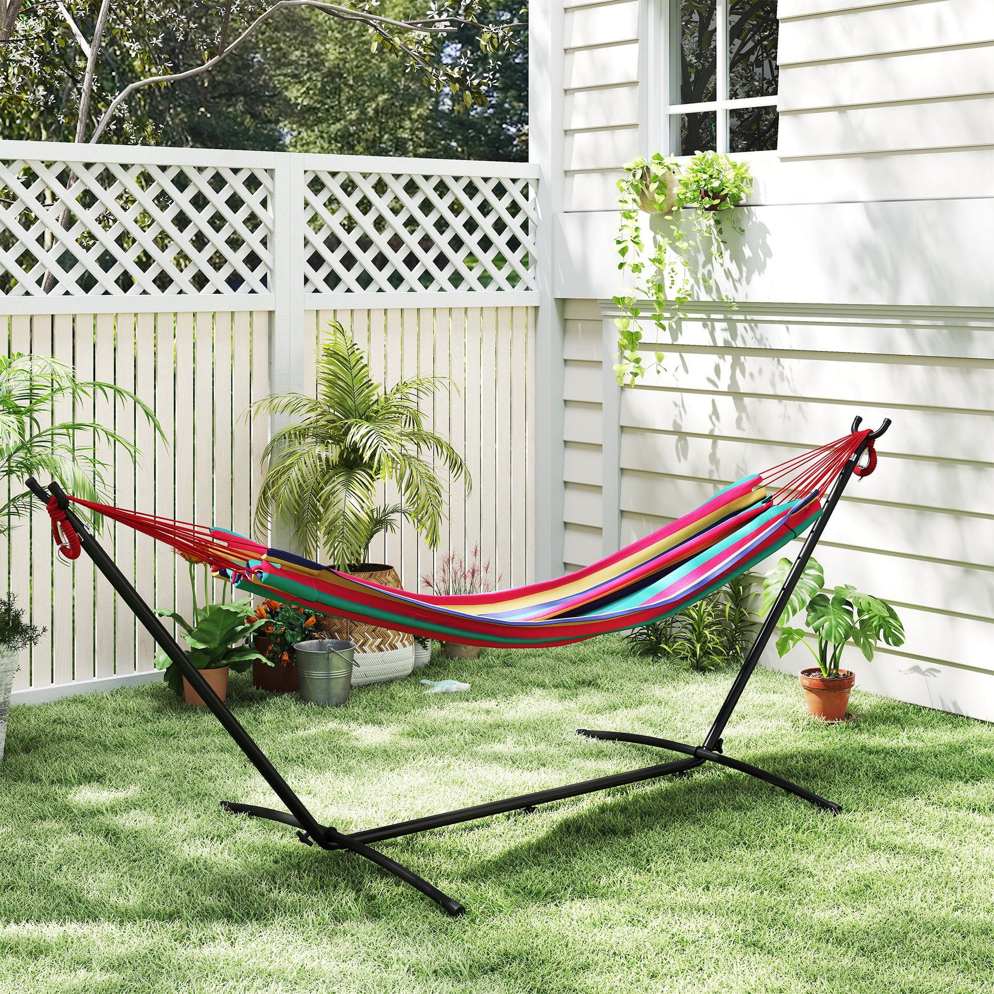Hammock with Stand 310x117 cm Camping Hammock with Portable Carrying Bag Adjustable Height 120 kg Load for Patio Terrace Orange and Red Stripes