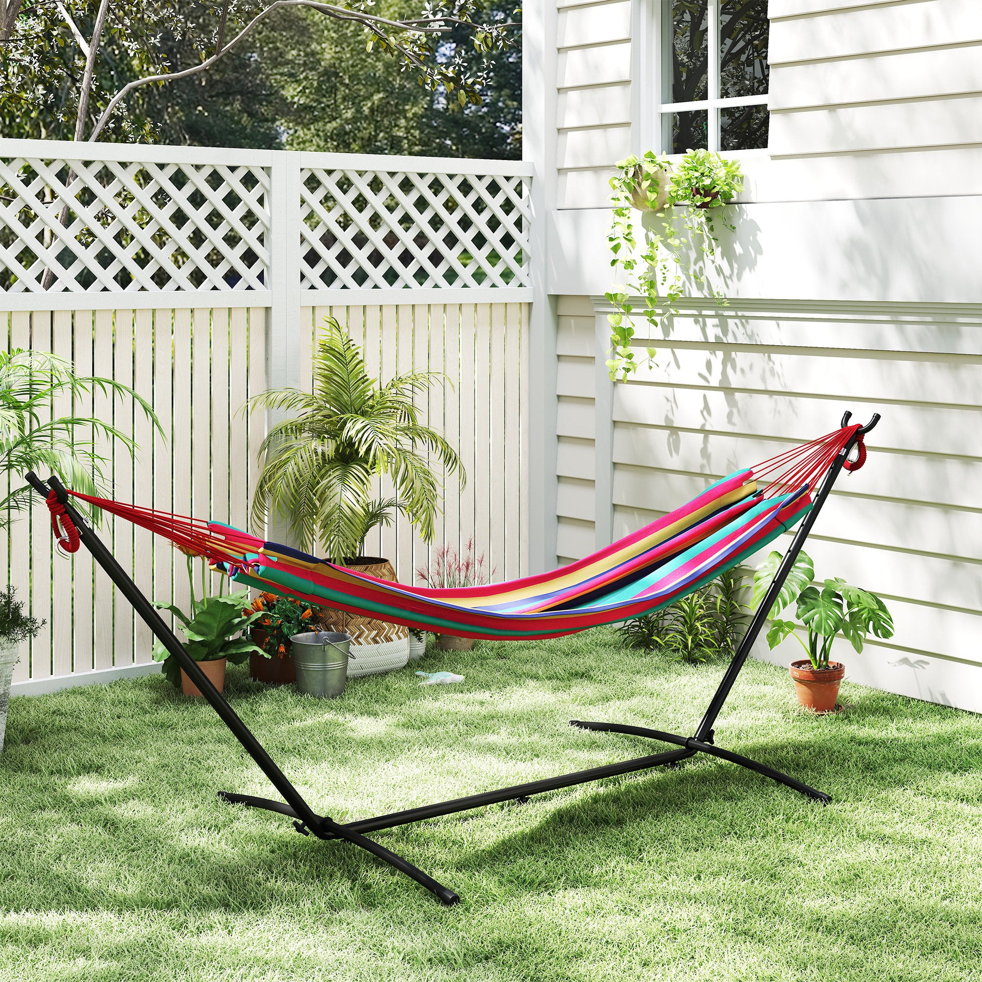 Hammock with Stand 310x117 cm Camping Hammock with Portable Carrying Bag Adjustable Height 120 kg Load for Patio Terrace Orange and Red Stripes