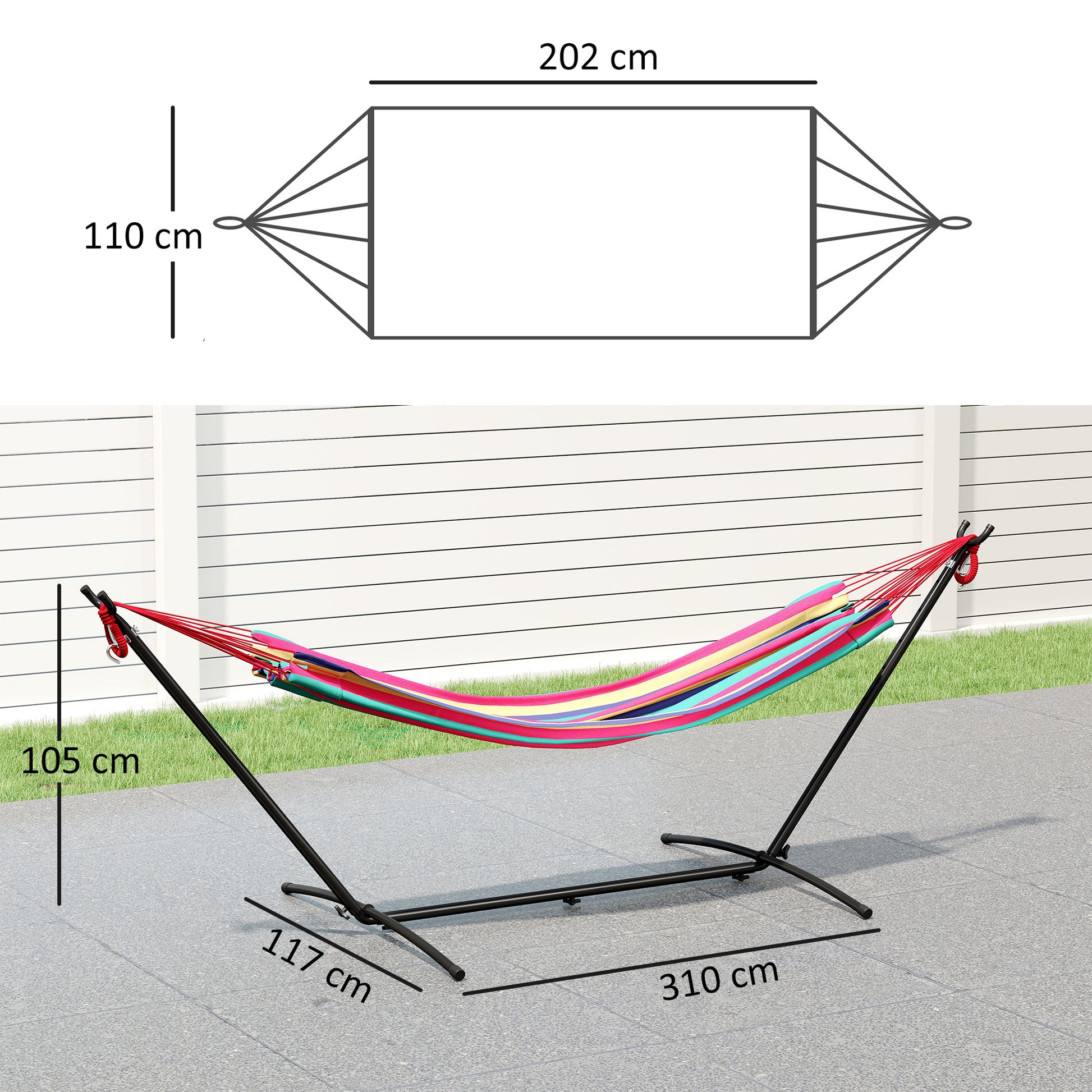 Hammock with Stand 310x117 cm Camping Hammock with Portable Carrying Bag Adjustable Height 120 kg Load for Patio Terrace Orange and Red Stripes