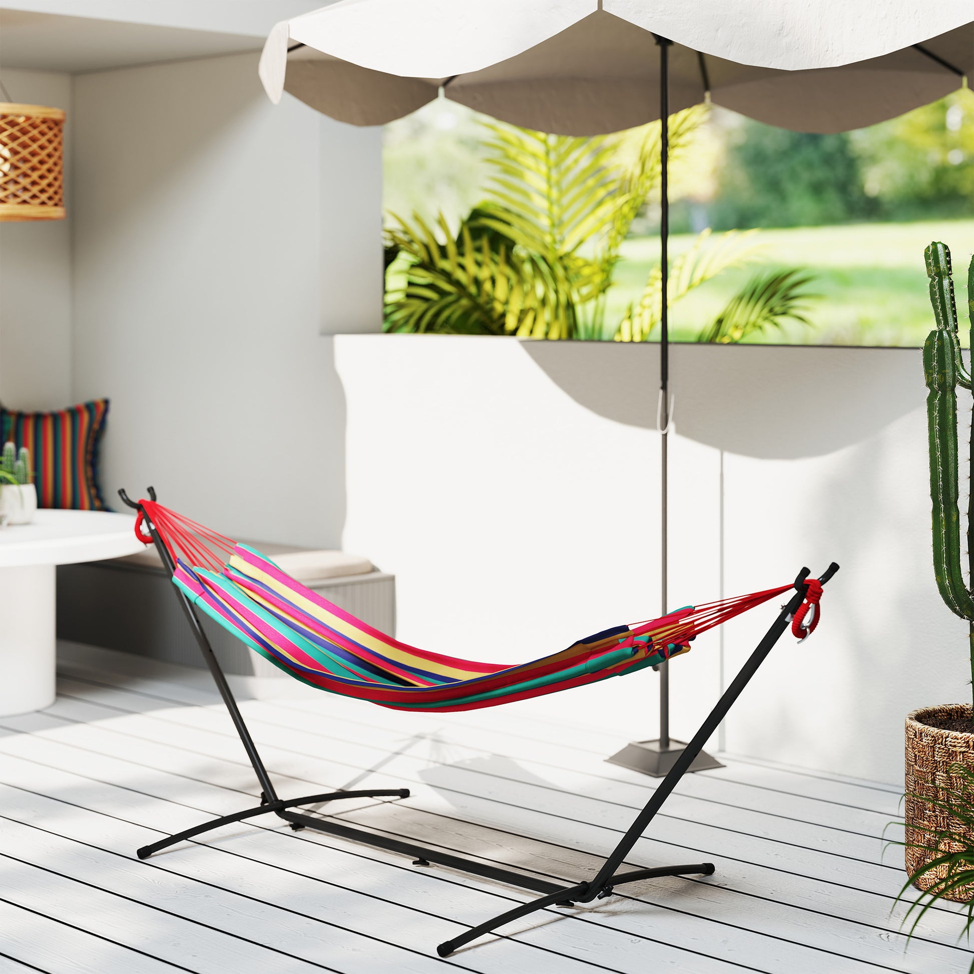 Hammock with Stand 310x117 cm Camping Hammock with Portable Carrying Bag Adjustable Height 120 kg Load for Patio Terrace Orange and Red Stripes