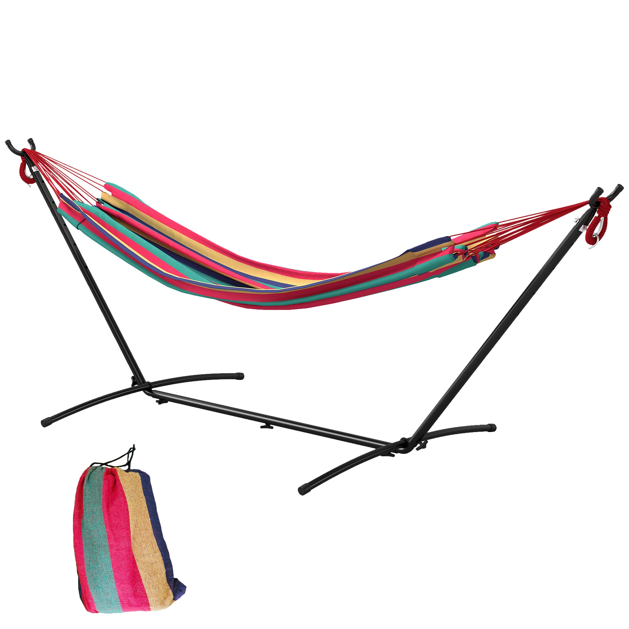 Hammock with Stand 310x117 cm Camping Hammock with Portable Carrying Bag Adjustable Height 120 kg Load for Patio Terrace Orange and Red Stripes
