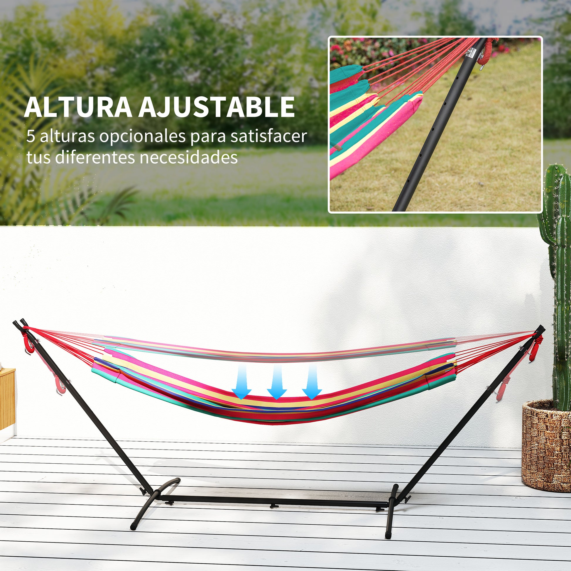 Hammock with Stand 310x117 cm Camping Hammock with Portable Carrying Bag Adjustable Height 120 kg Load for Patio Terrace Orange and Red Stripes