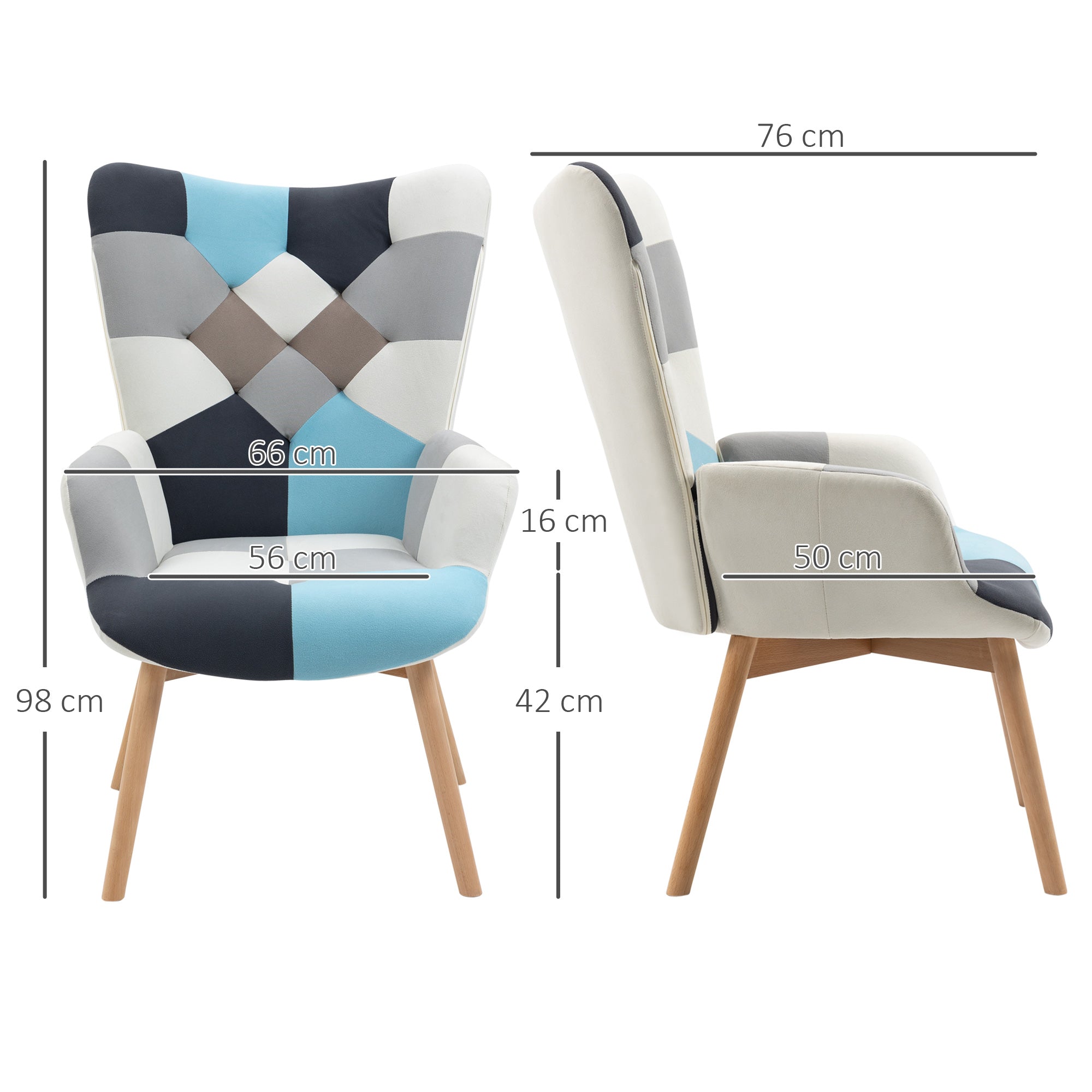 Armchair with Quilted Velvet Cover and Wooden Legs, 66x76x98cm, Multicolor