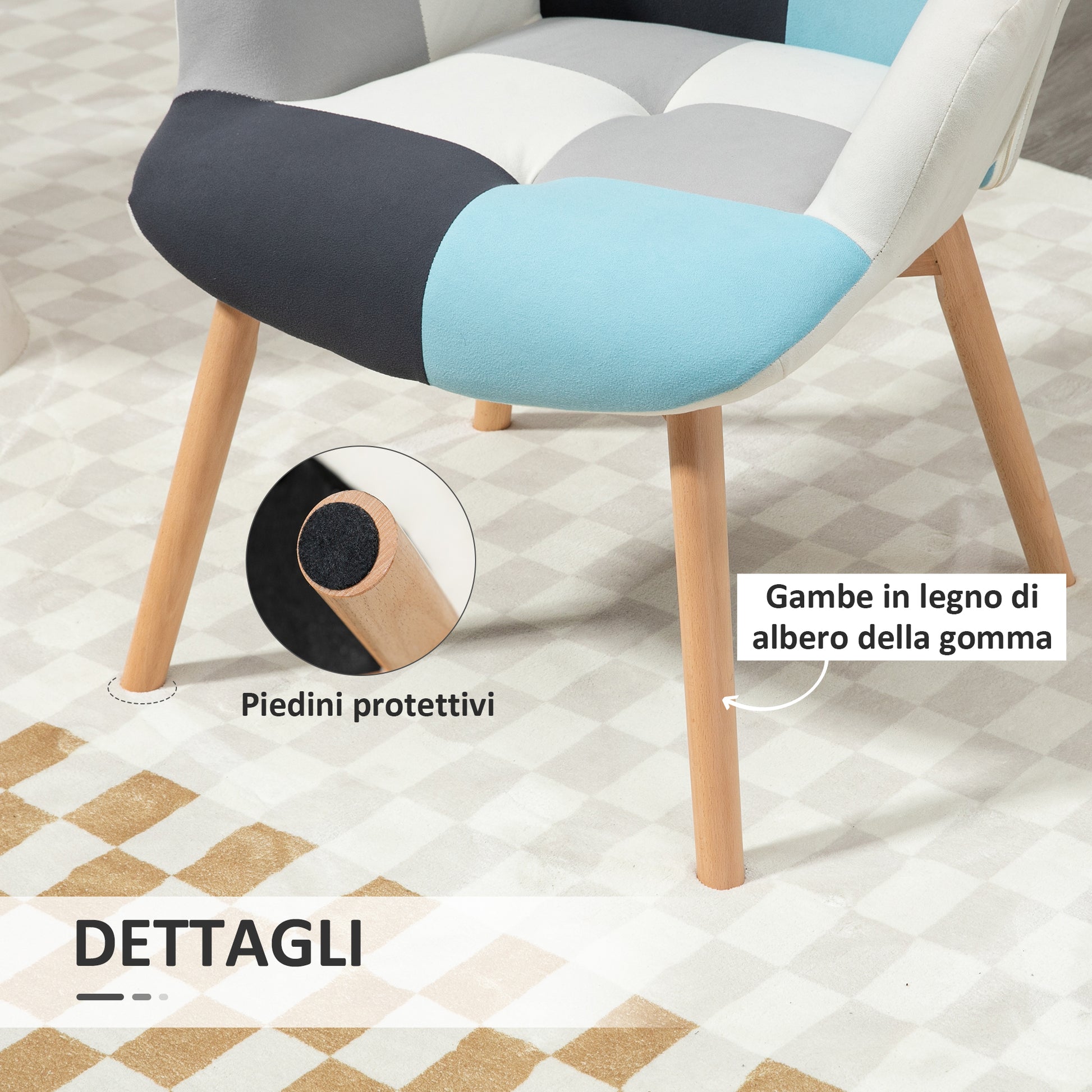 Armchair with Quilted Velvet Cover and Wooden Legs, 66x76x98cm, Multicolor