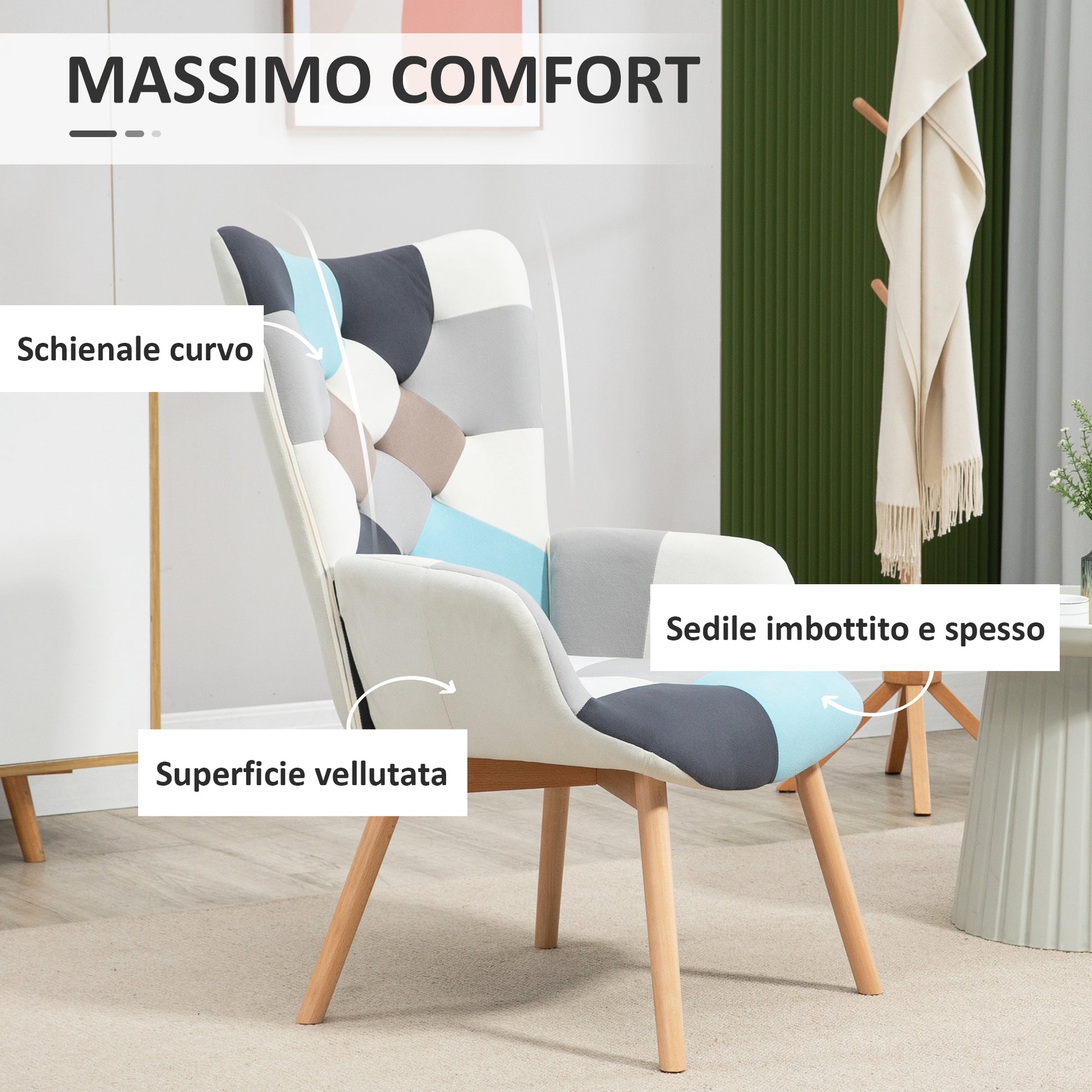 Armchair with Quilted Velvet Cover and Wooden Legs, 66x76x98cm, Multicolor