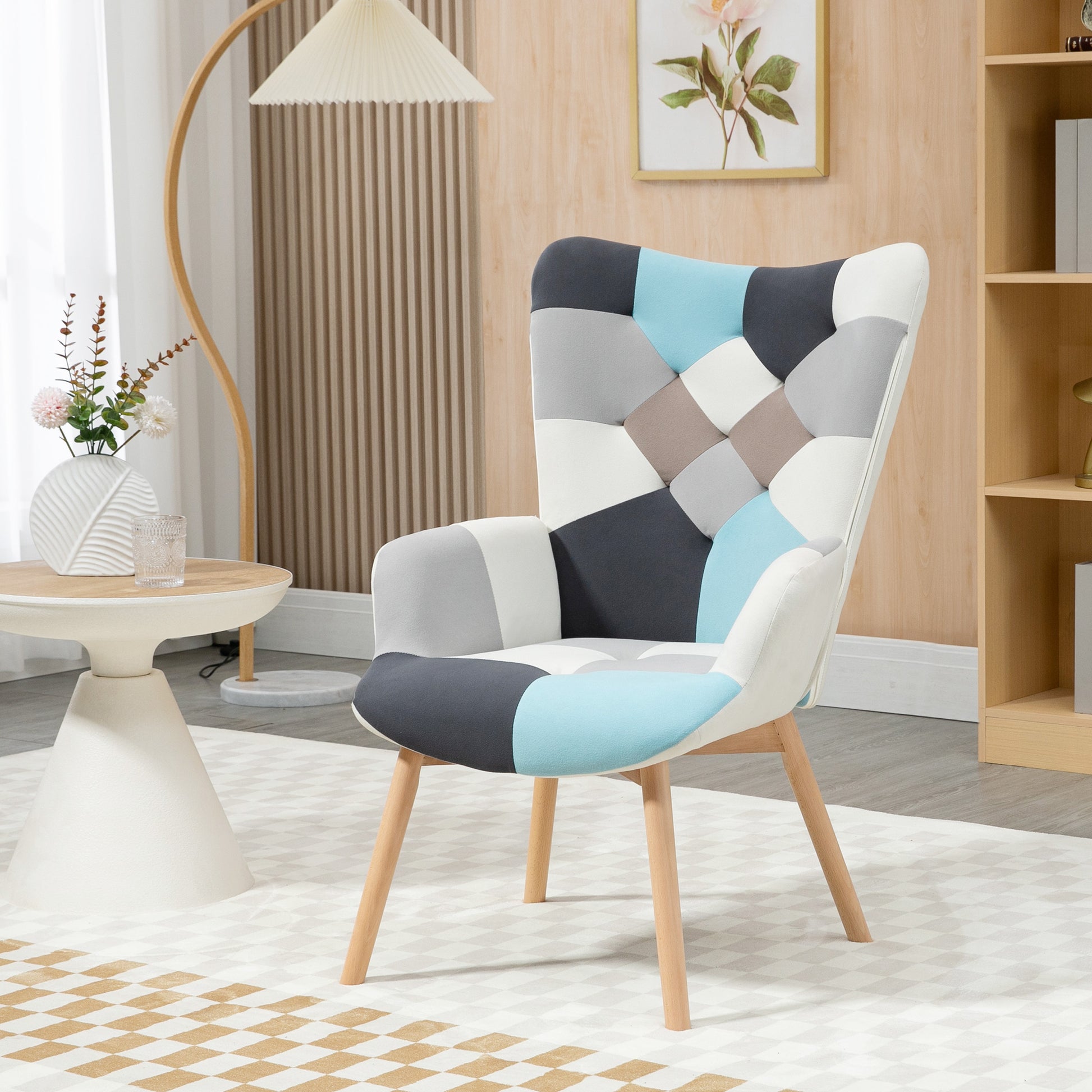 Armchair with Quilted Velvet Cover and Wooden Legs, 66x76x98cm, Multicolor