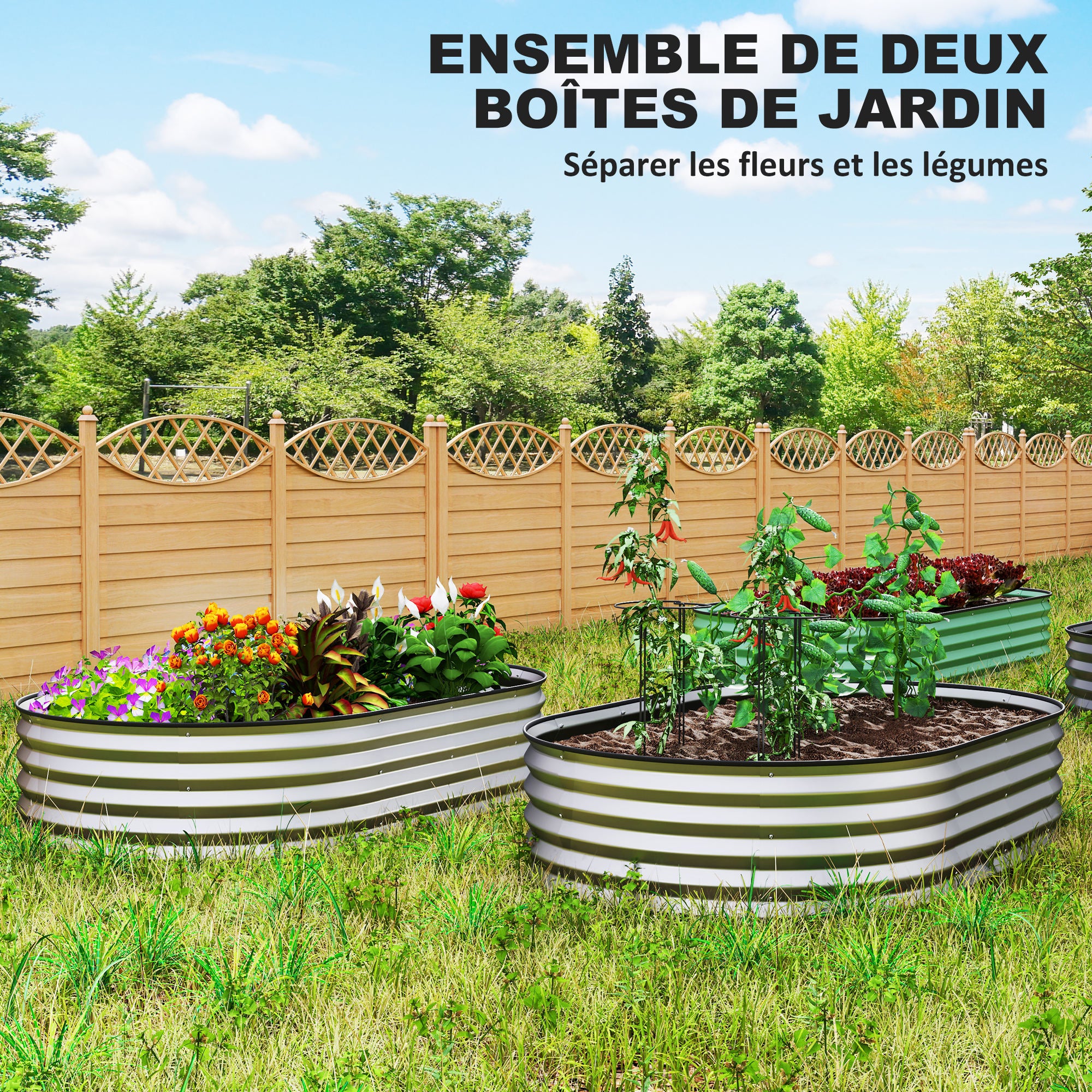 Set of 2 Galvanized Steel Raised Garden Planters, Garden Bed Kit, Rubber Edge and Open Bottom, for Vegetables, Fruits, Flowers, 152 x 91 x 30 cm, Silver