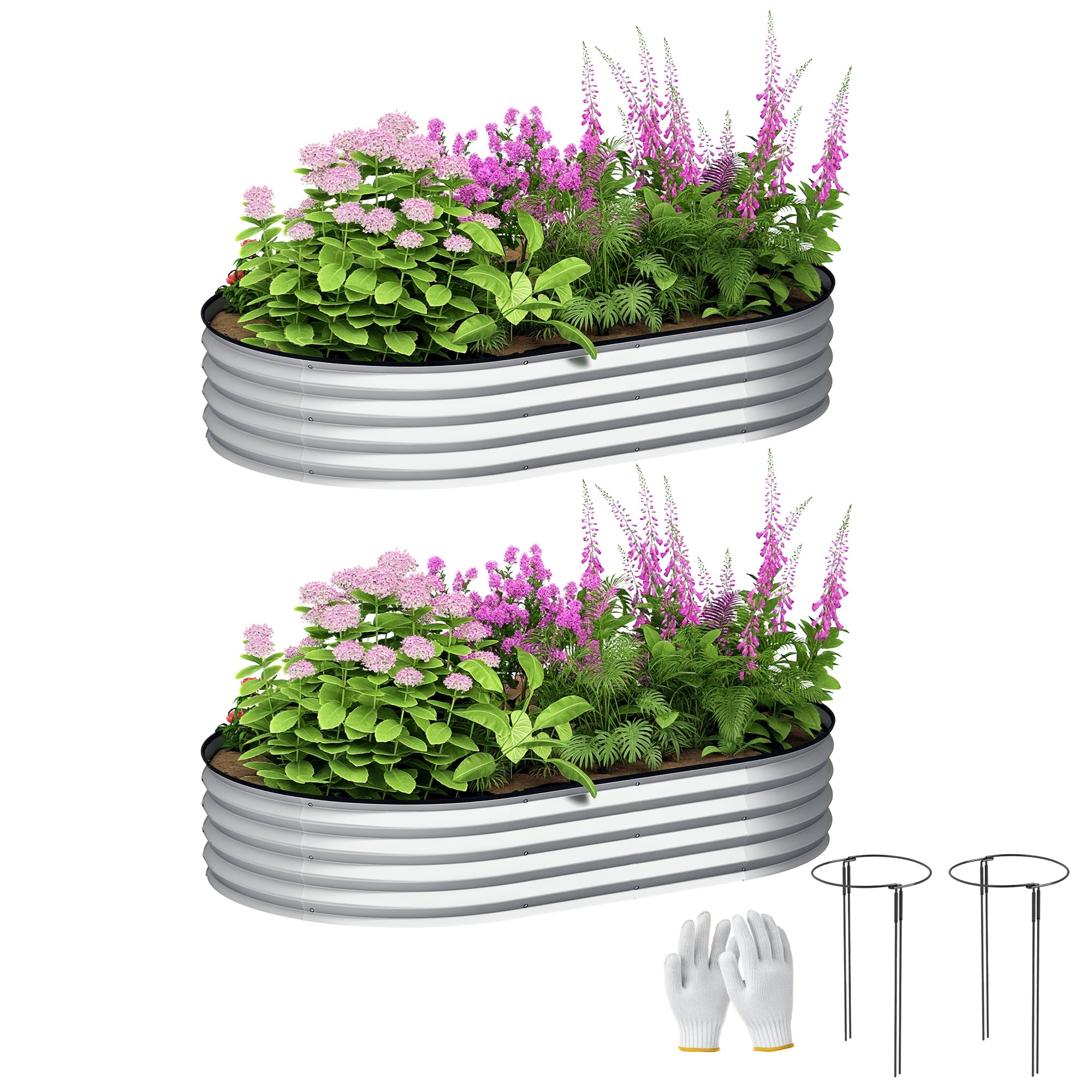 Set of 2 Galvanized Steel Raised Garden Planters, Garden Bed Kit, Rubber Edge and Open Bottom, for Vegetables, Fruits, Flowers, 152 x 91 x 30 cm, Silver
