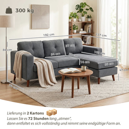L-Shape Corner Sofa 192 cm (3-Seater) with Reversible Chaise, Corduroy Upholstery, Compact Corner Couch for Small Spaces, Living Room, Dark Gray