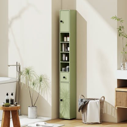 Slim Tall Bathroom Cabinet — Narrow Toilet Storage with Drawer & 4 Open Shelves, Ideal for Small Bathrooms & Living Rooms, 20 x 20 x 180 cm (7.9 x 7.9 x 71 in), Green