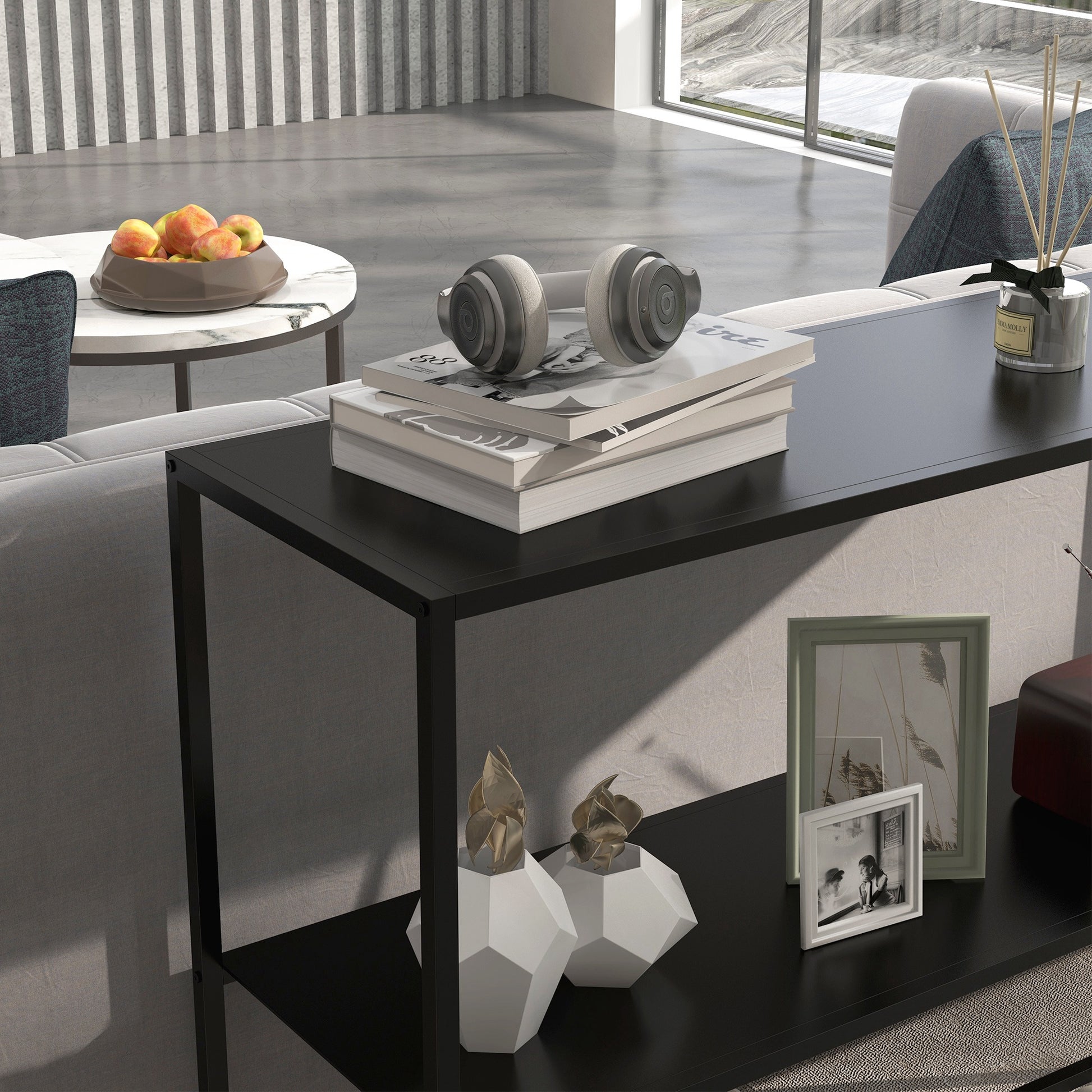 Console Table, Hallway Table with 2 Shelves, 90 x 30 x 75 cm, Industrial Side Table, Sofa Table for Small Space, Entryway, Hallway, Living Room, Steel, Black