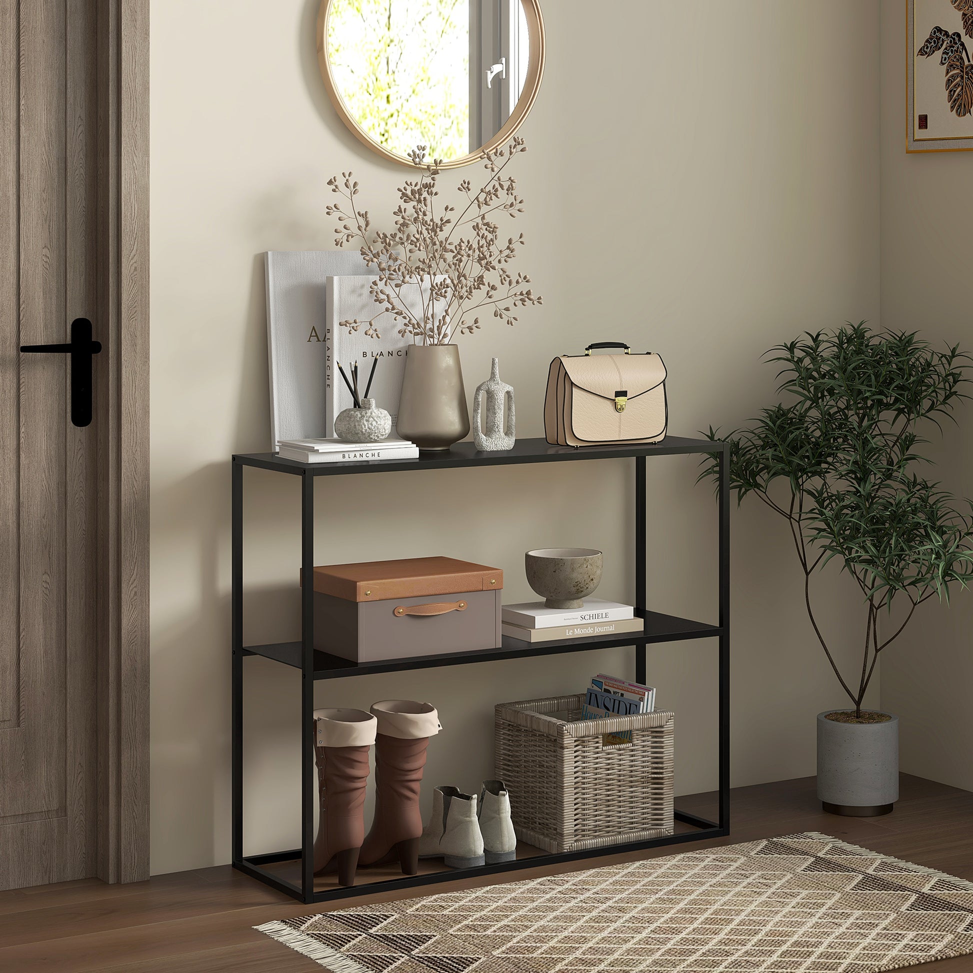 Console Table, Hallway Table with 2 Shelves, 90 x 30 x 75 cm, Industrial Side Table, Sofa Table for Small Space, Entryway, Hallway, Living Room, Steel, Black