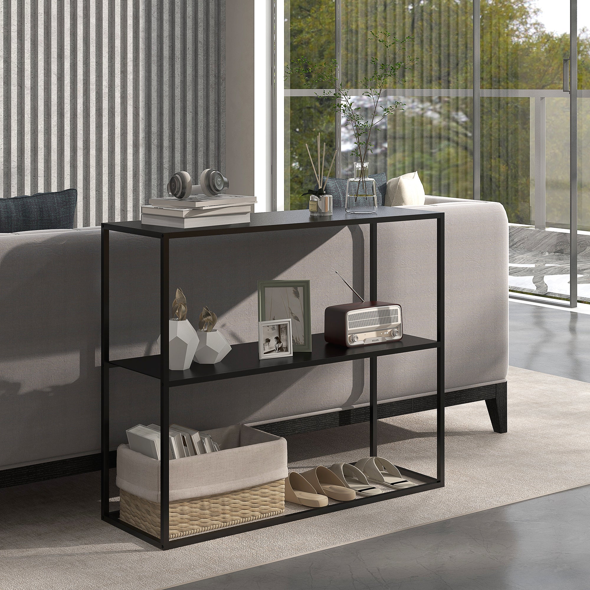 Console Table, Hallway Table with 2 Shelves, 90 x 30 x 75 cm, Industrial Side Table, Sofa Table for Small Space, Entryway, Hallway, Living Room, Steel, Black