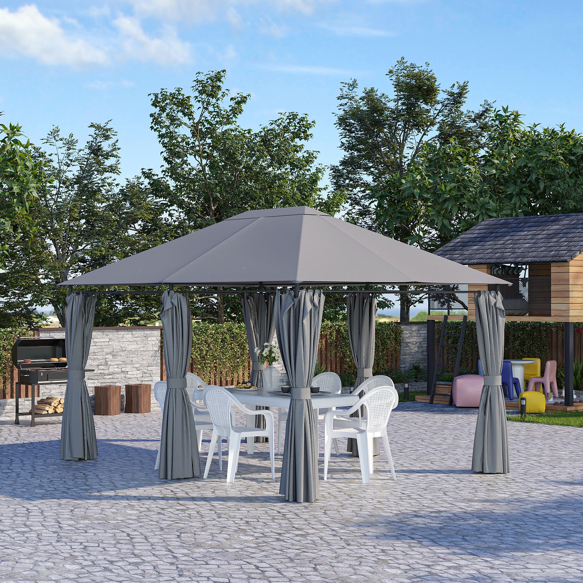 4x3m Garden Gazebo Outdoor Pavilion with 6 Side Walls 8 Drainage Holes and Steel Frame Gazebo for Parties Patio Terrace Gray
