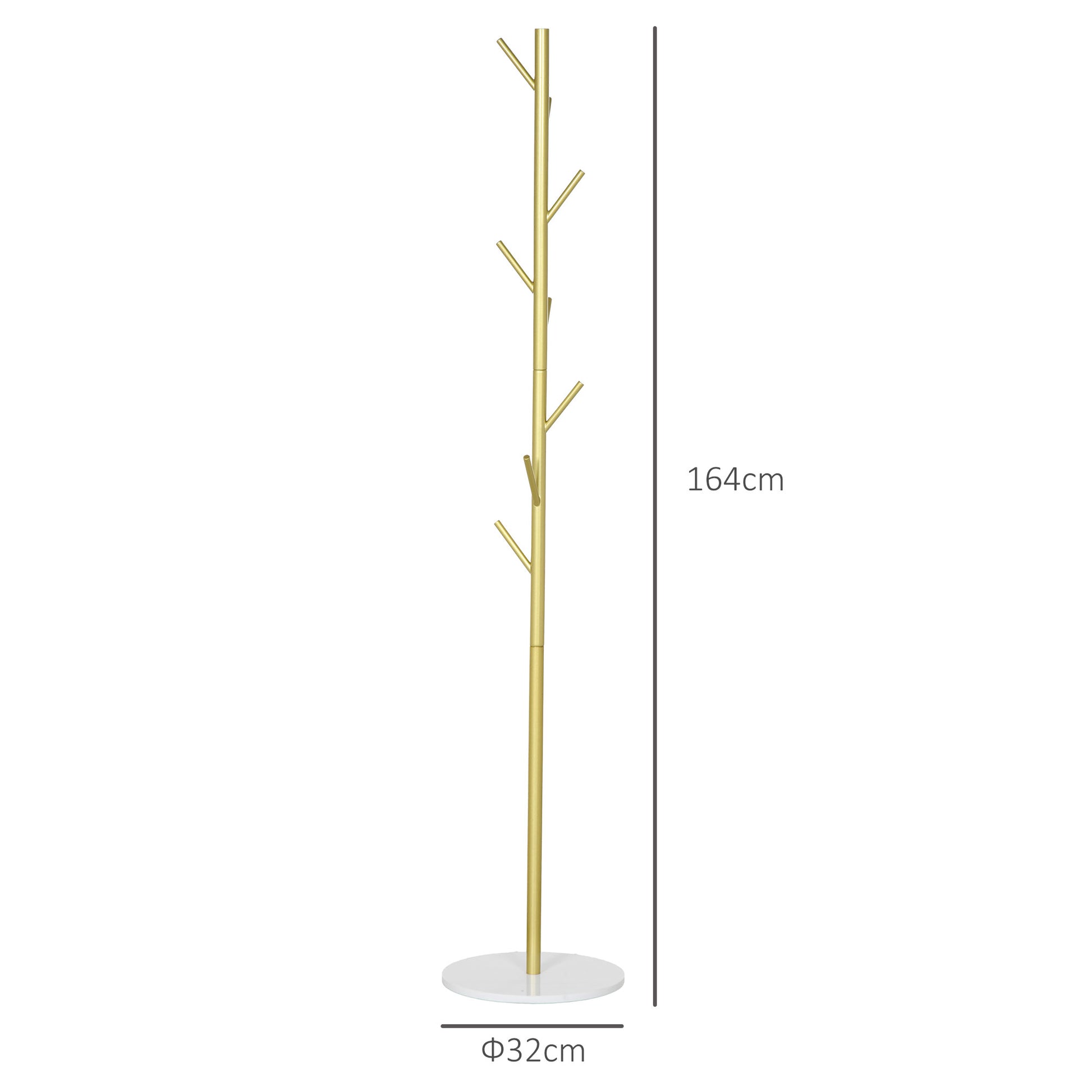 Free Standing Coat Rack with 8 Hooks and Marble Base, Steel Coat Rack for Entryway and Bedroom, Ø32 x 164 cm, Gold