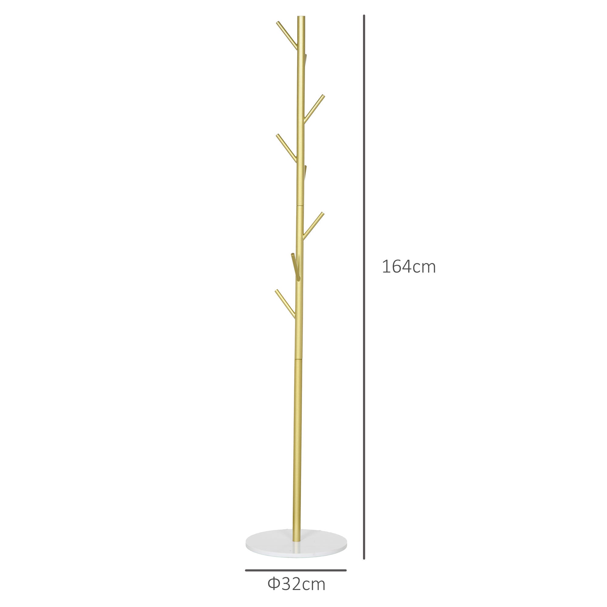 Free Standing Coat Rack with 8 Hooks and Marble Base, Steel Coat Rack for Entryway and Bedroom, Ø32 x 164 cm, Gold