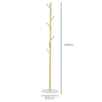 Free Standing Coat Rack with 8 Hooks and Marble Base, Steel Coat Rack for Entryway and Bedroom, Ø32 x 164 cm, Gold