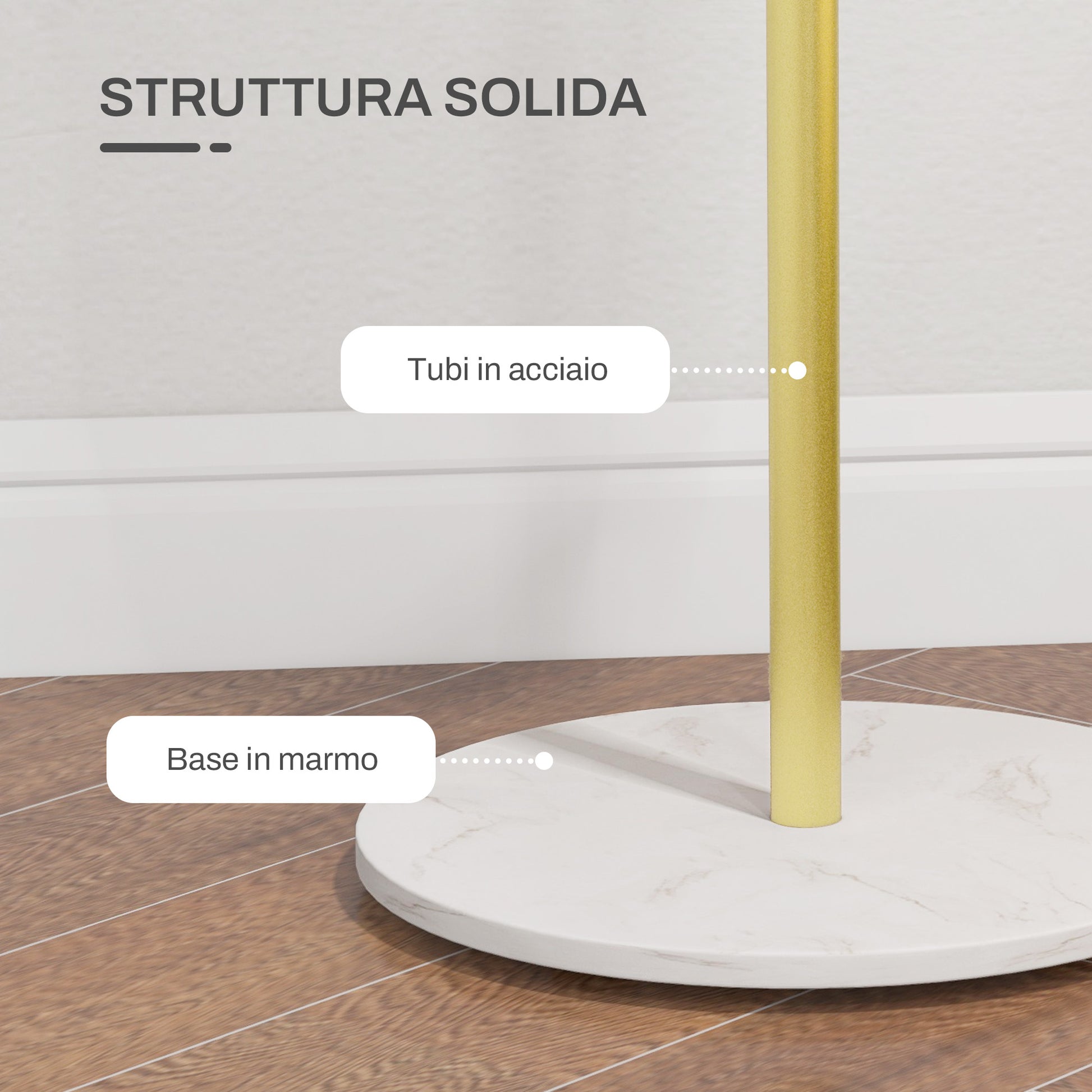 Free Standing Coat Rack with 8 Hooks and Marble Base, Steel Coat Rack for Entryway and Bedroom, Ø32 x 164 cm, Gold