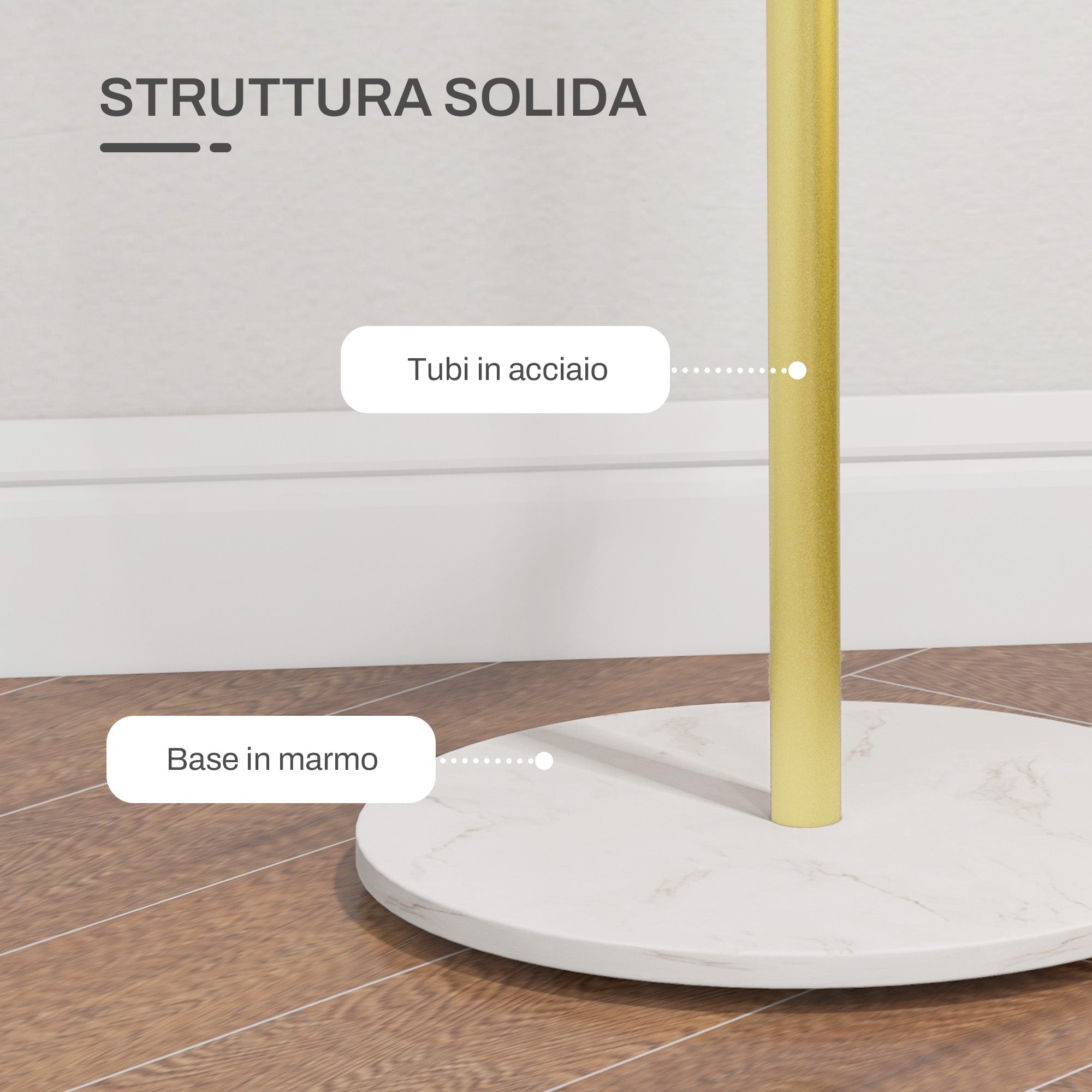 Free Standing Coat Rack with 8 Hooks and Marble Base, Steel Coat Rack for Entryway and Bedroom, Ø32 x 164 cm, Gold