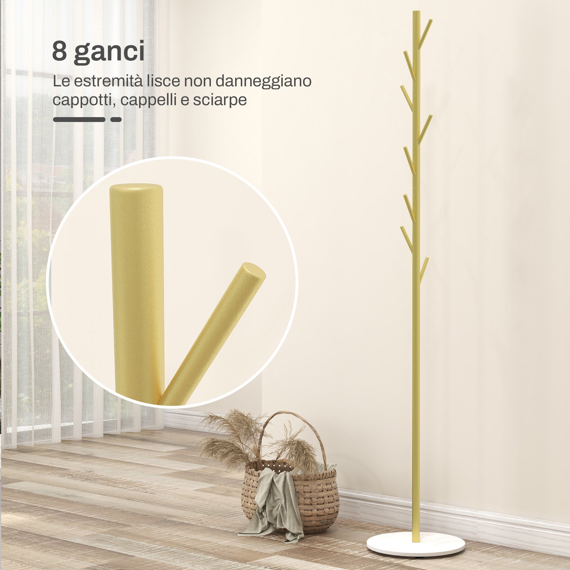 Free Standing Coat Rack with 8 Hooks and Marble Base, Steel Coat Rack for Entryway and Bedroom, Ø32 x 164 cm, Gold