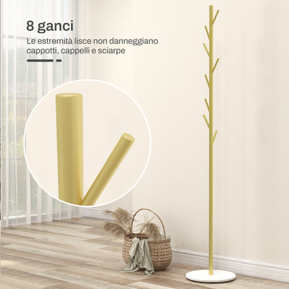 Free Standing Coat Rack with 8 Hooks and Marble Base, Steel Coat Rack for Entryway and Bedroom, Ø32 x 164 cm, Gold