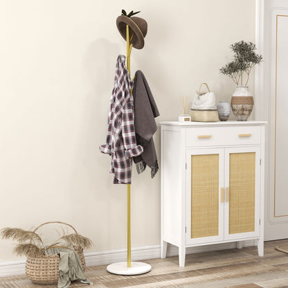 Free Standing Coat Rack with 8 Hooks and Marble Base, Steel Coat Rack for Entryway and Bedroom, Ø32 x 164 cm, Gold