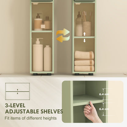 Slim Tall Bathroom Cabinet — Narrow Toilet Storage with Drawer & 4 Open Shelves, Ideal for Small Bathrooms & Living Rooms, 20 x 20 x 180 cm (7.9 x 7.9 x 71 in), Green