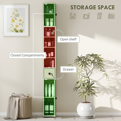 Slim Tall Bathroom Cabinet — Narrow Toilet Storage with Drawer & 4 Open Shelves, Ideal for Small Bathrooms & Living Rooms, 20 x 20 x 180 cm (7.9 x 7.9 x 71 in), Green