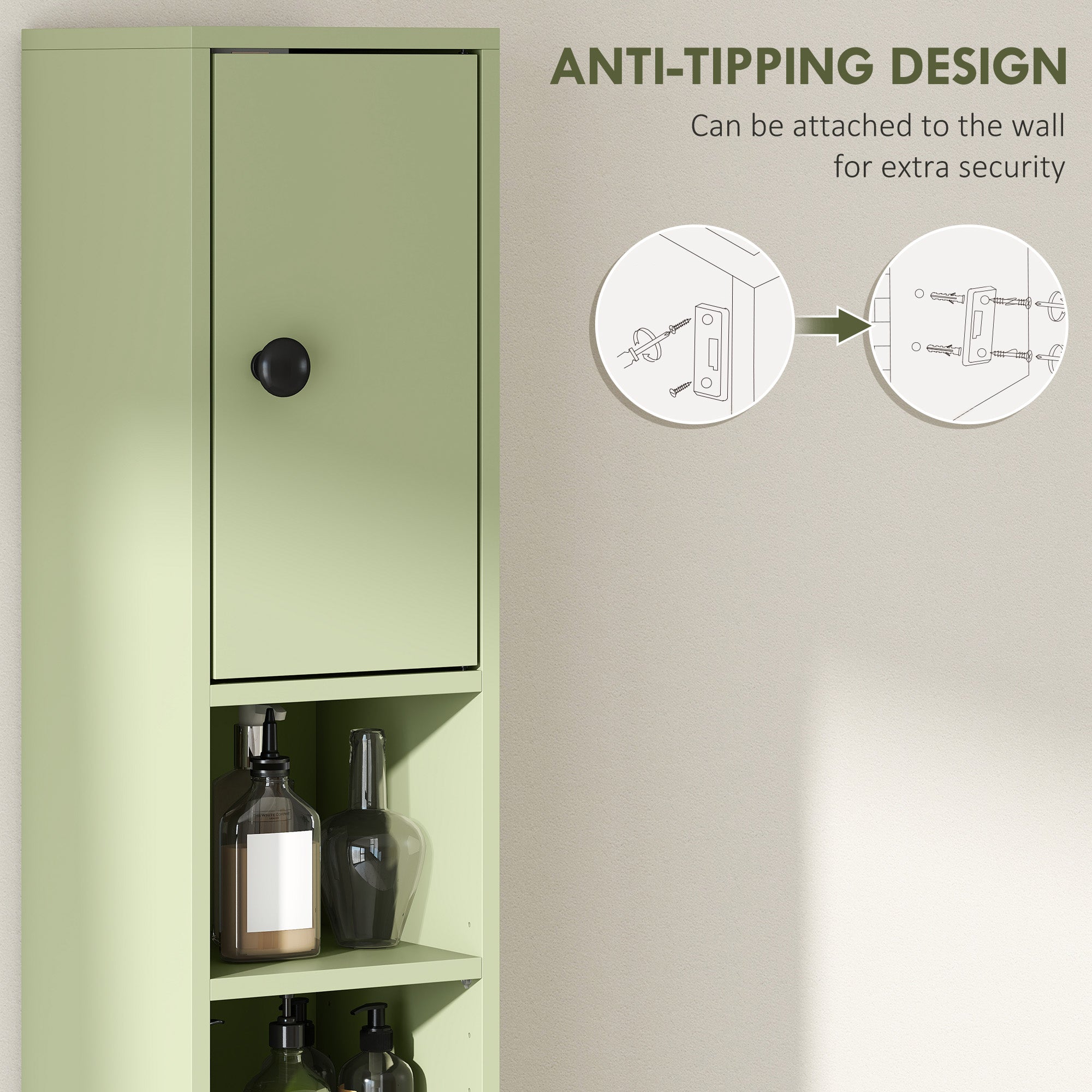 Slim Tall Bathroom Cabinet — Narrow Toilet Storage with Drawer & 4 Open Shelves, Ideal for Small Bathrooms & Living Rooms, 20 x 20 x 180 cm (7.9 x 7.9 x 71 in), Green