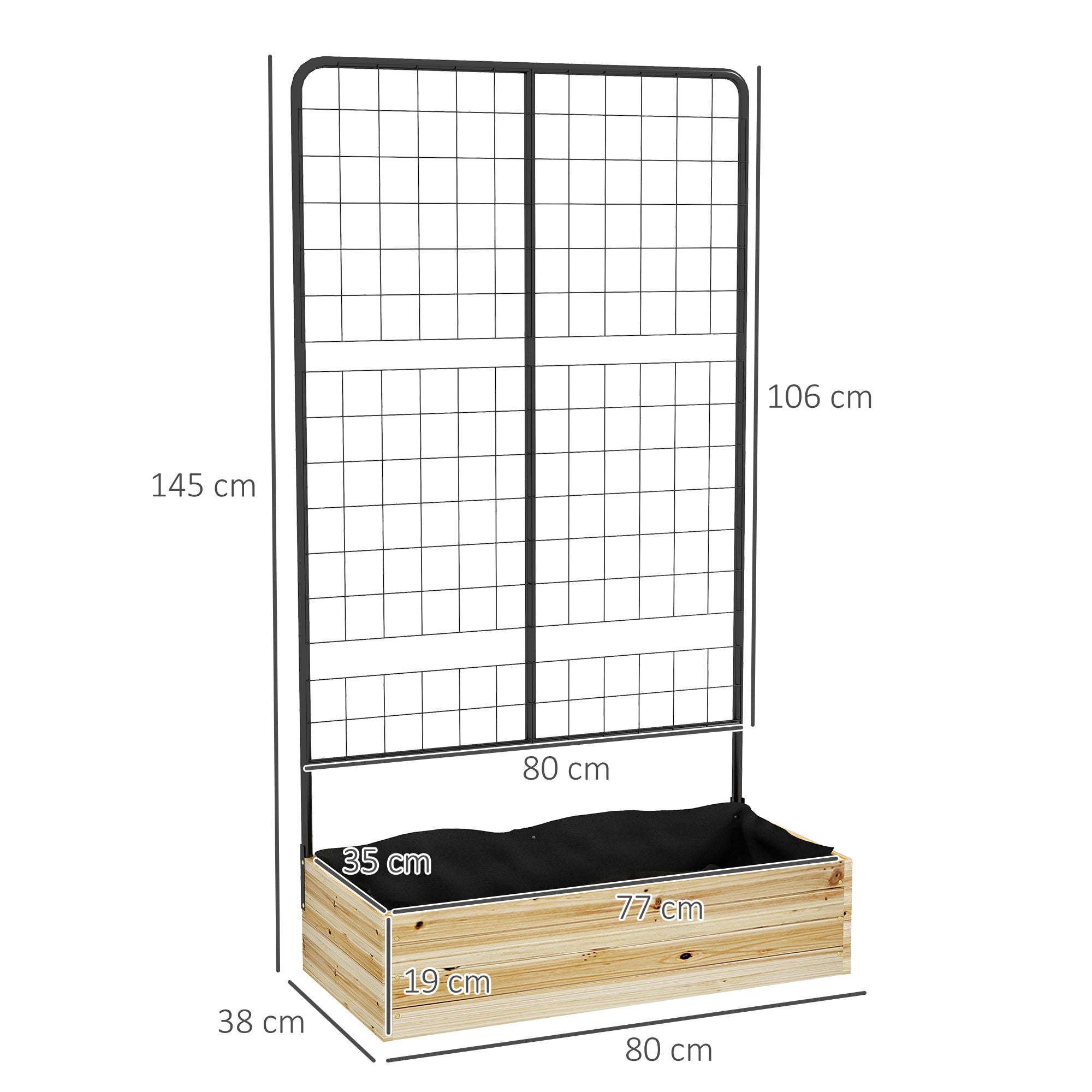 raised bed with trellis, wooden plant box, herb bed, planter box for garden, balcony, natural wood, 80 x 38 x 145 cm