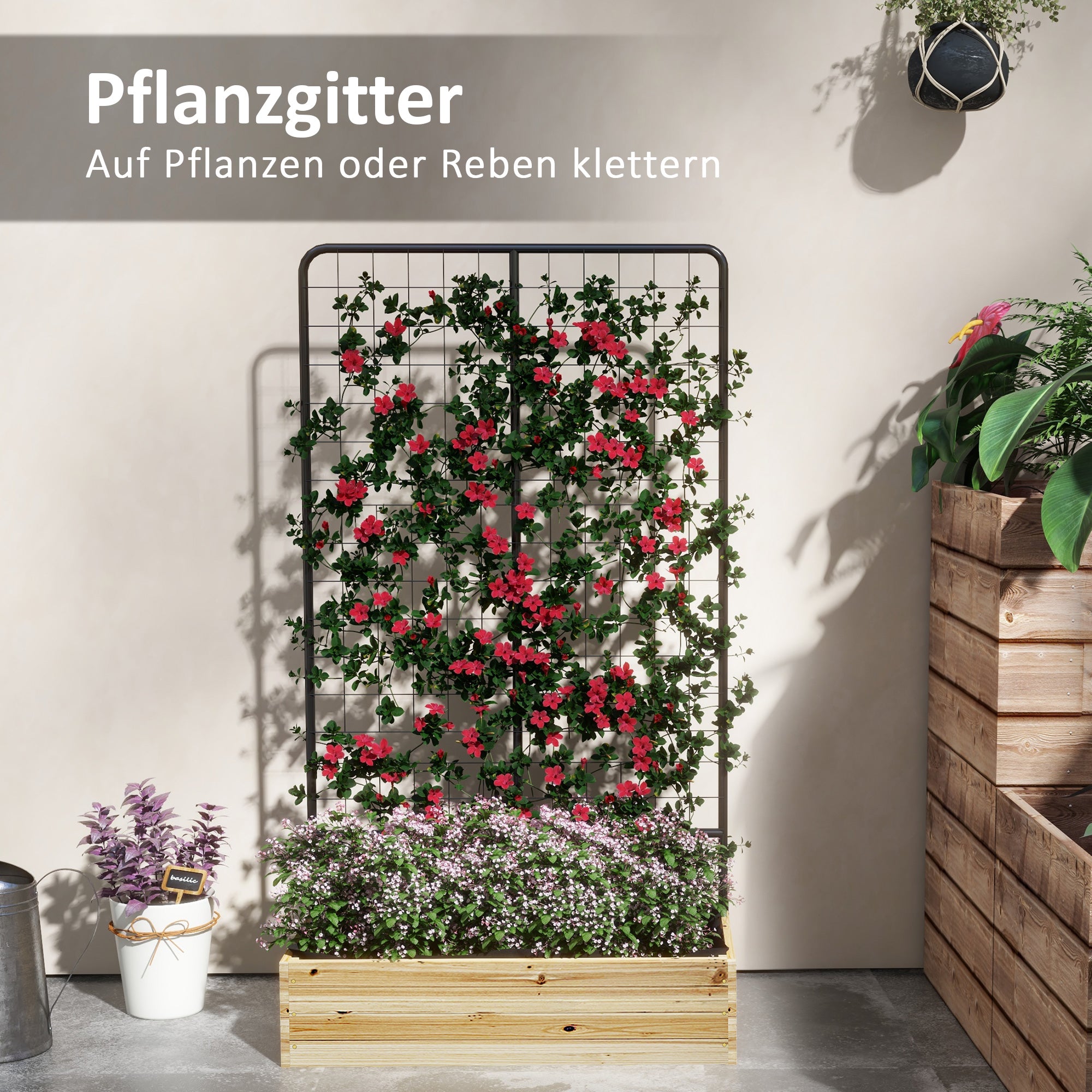 raised bed with trellis, wooden plant box, herb bed, planter box for garden, balcony, natural wood, 80 x 38 x 145 cm
