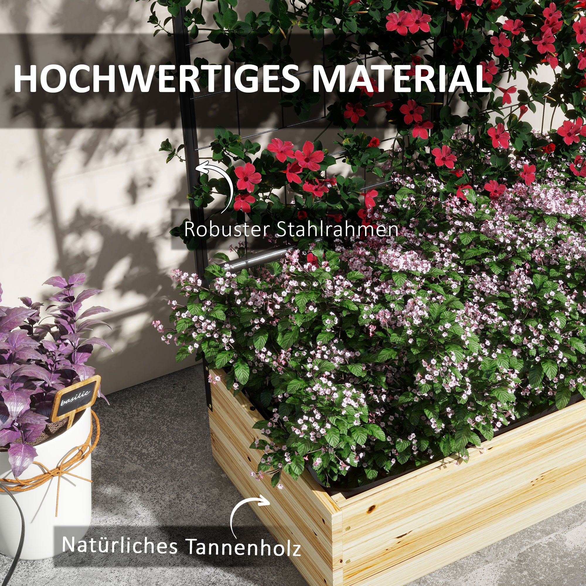 raised bed with trellis, wooden plant box, herb bed, planter box for garden, balcony, natural wood, 80 x 38 x 145 cm