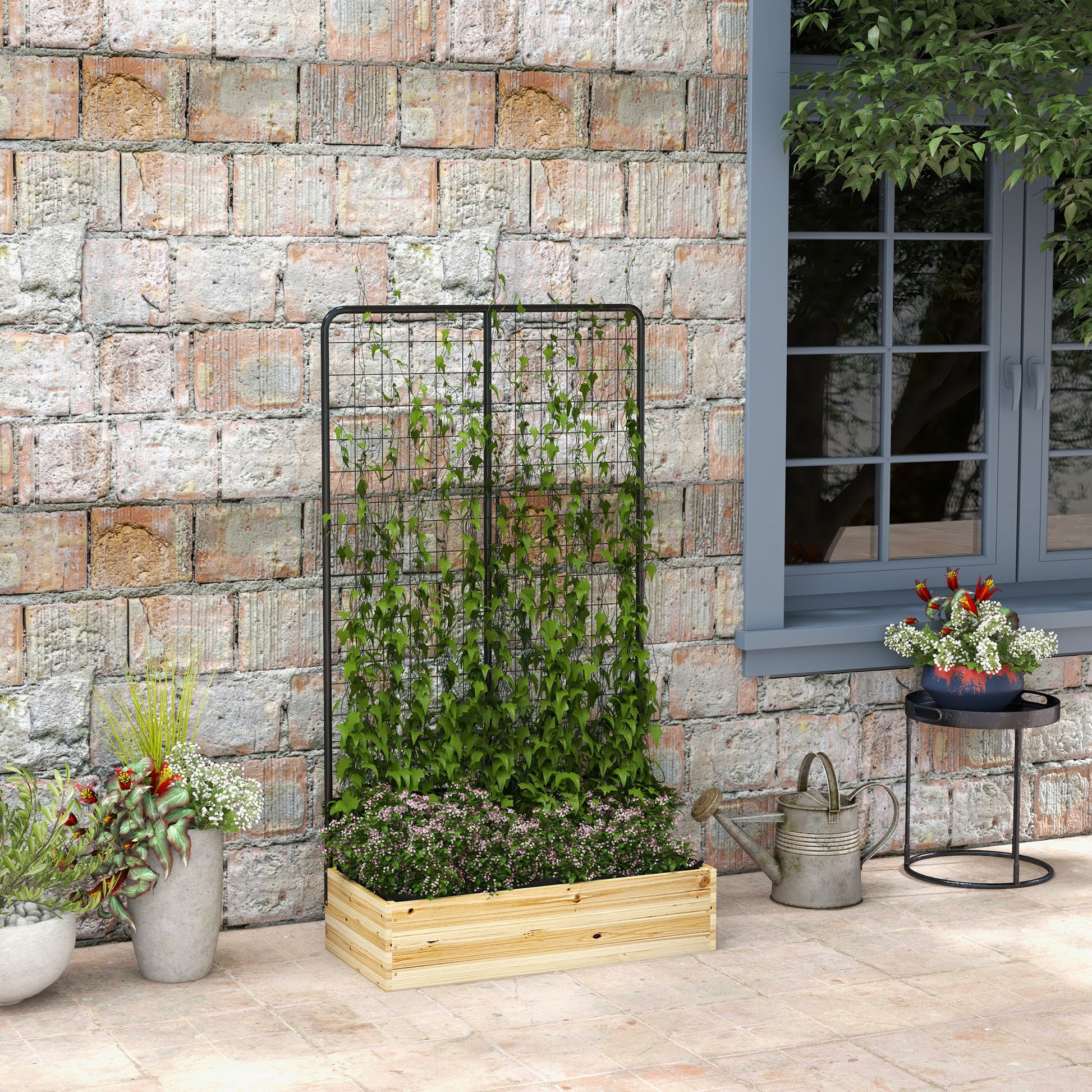 raised bed with trellis, wooden plant box, herb bed, planter box for garden, balcony, natural wood, 80 x 38 x 145 cm