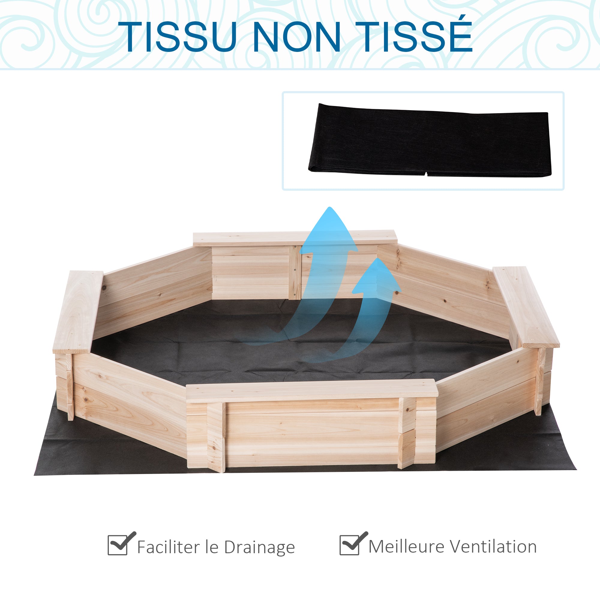 Octagonal Wooden Sandbox 139.5L x 139.5W x 21.5H cm - 4 Benches - Cover Tarp, Non-Woven Ground Cover Included - Pre-Oiled Pine Wood