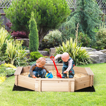 Octagonal Wooden Sandbox 139.5L x 139.5W x 21.5H cm - 4 Benches - Cover Tarp, Non-Woven Ground Cover Included - Pre-Oiled Pine Wood