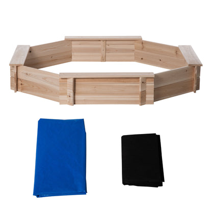 Octagonal Wooden Sandbox 139.5L x 139.5W x 21.5H cm - 4 Benches - Cover Tarp, Non-Woven Ground Cover Included - Pre-Oiled Pine Wood
