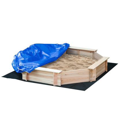 Octagonal Wooden Sandbox 139.5L x 139.5W x 21.5H cm - 4 Benches - Cover Tarp, Non-Woven Ground Cover Included - Pre-Oiled Pine Wood