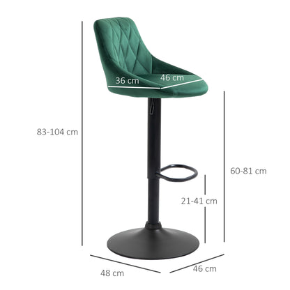 Set of 2 Bar Stools with Adjustable Height, Metal Base and Faux Leather Seat, Modern Swivel Barstools with Backrest and Footrest 46x48x83-104cm, Dark Green