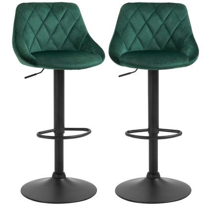 Set of 2 Bar Stools with Adjustable Height, Metal Base and Faux Leather Seat, Modern Swivel Barstools with Backrest and Footrest 46x48x83-104cm, Dark Green
