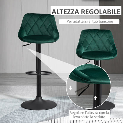 Set of 2 Bar Stools with Adjustable Height, Metal Base and Faux Leather Seat, Modern Swivel Barstools with Backrest and Footrest 46x48x83-104cm, Dark Green