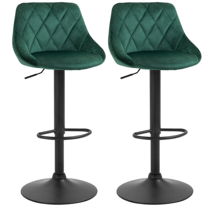 Set of 2 Bar Stools with Adjustable Height, Metal Base and Faux Leather Seat, Modern Swivel Barstools with Backrest and Footrest 46x48x83-104cm, Dark Green
