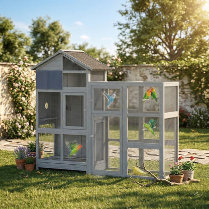 Wooden Bird Aviary with Extension — 6 Perches, 7 Doors, Storage Compartment, Pull-Out Drawer, Stainless Bowls for Finches & Budgies, Gray — 196 x 60 x 164.5 cm (77.2 x 23.6 x 64.8 in)