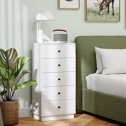 5-Drawer Bedroom Dresser, Modern Dresser with Round Handles, Tall and Slim Chest of Drawers for Entryway, Living Room, Kids' Room, and Hallway in Wood, 47x29x95 cm, White