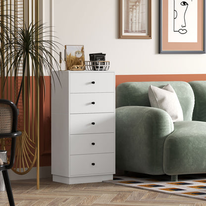 5-Drawer Bedroom Dresser, Modern Dresser with Round Handles, Tall and Slim Chest of Drawers for Entryway, Living Room, Kids' Room, and Hallway in Wood, 47x29x95 cm, White