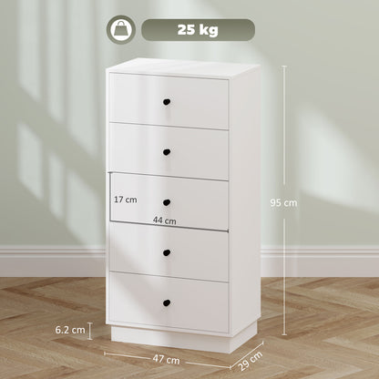5-Drawer Bedroom Dresser, Modern Dresser with Round Handles, Tall and Slim Chest of Drawers for Entryway, Living Room, Kids' Room, and Hallway in Wood, 47x29x95 cm, White