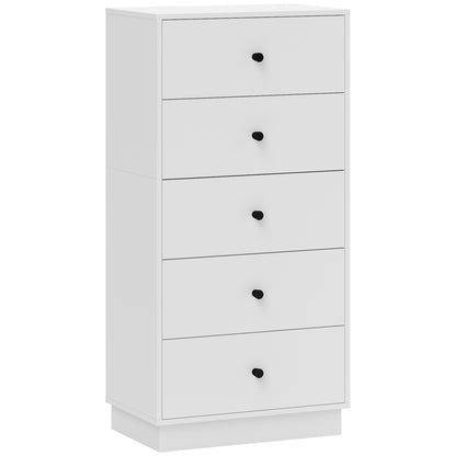 5-Drawer Bedroom Dresser, Modern Dresser with Round Handles, Tall and Slim Chest of Drawers for Entryway, Living Room, Kids' Room, and Hallway in Wood, 47x29x95 cm, White