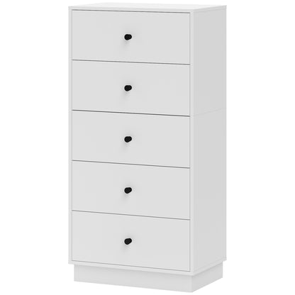 5-Drawer Bedroom Dresser, Modern Dresser with Round Handles, Tall and Slim Chest of Drawers for Entryway, Living Room, Kids' Room, and Hallway in Wood, 47x29x95 cm, White