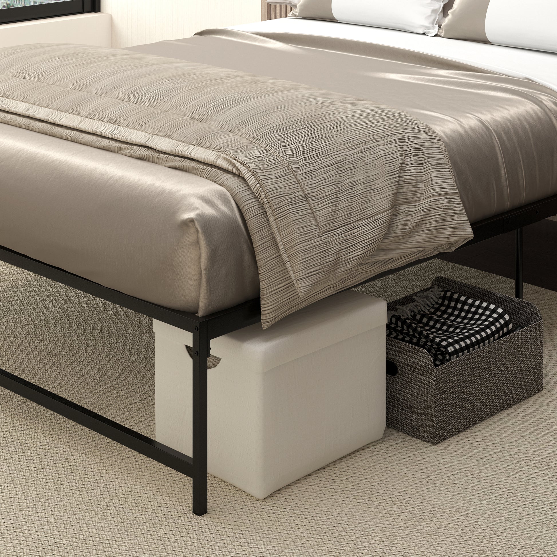 Double Bed Frame 135x190 cm with 35 cm Legs Matrimonial Bed Frame with Black Storage Space Below