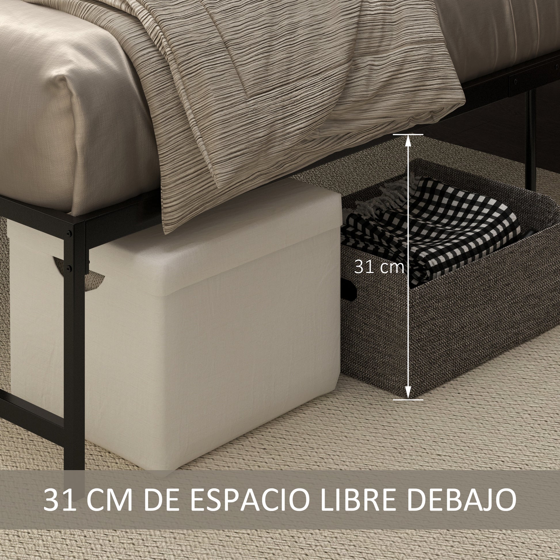 Double Bed Frame 135x190 cm with 35 cm Legs Matrimonial Bed Frame with Black Storage Space Below